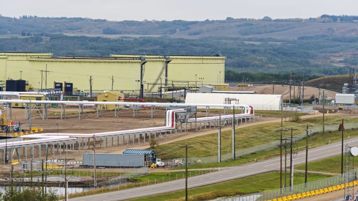A high-angle view of pipelines and petroleum storage tanks, Hardisty, Alberta on Tuesday, September 11, 2018. 