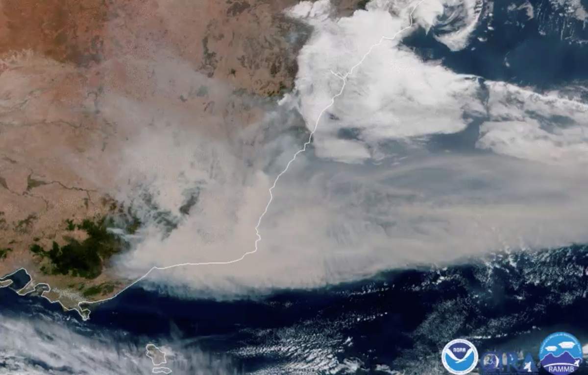 A satellite image shows bushfire smoke being blown away from Australia towards New Zealand on January 2, 2020. in this screen grab obtained from a social media video.