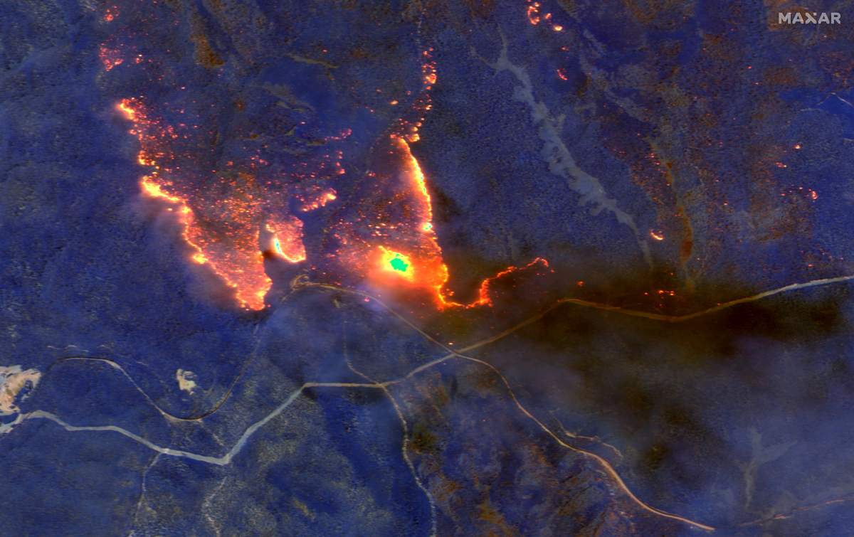A satellite image shows wildfires burning east of Orbost, Victoria, Australia on Jan. 4, 2020.