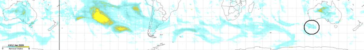 This image from the Suomi NPP satellite shows the smoke all the way to south of western Australia (data from Jan. 13, 2020). After the black line, the data is from Jan. 12, 2020. The circled area, also from Jan. 12, shows the smoke from western Australia. The aerosol index signal in central Australia (at the left of the image) is not from smoke but an intense dust storm.