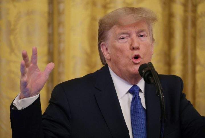U.S. President Donald Trump delivers remarks at the White House Summit on Human Trafficking in the East Room of the White House in Washington, U.S., Jan. 31, 2020. 