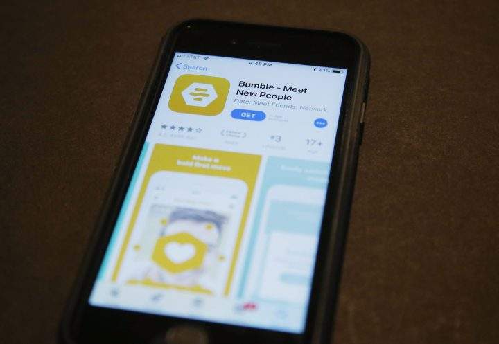 A phone with an App Store selection of the dating app Bumble is pictured Aug. 29, 2019, in Oklahoma City. 