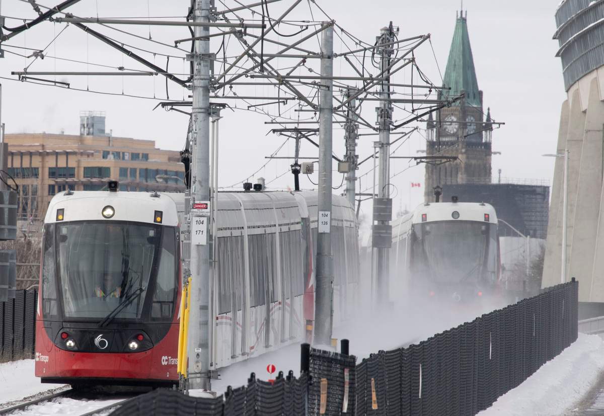 OC Transpo light rail trains pass each other near downtown Ottawa on Tuesday, Jan. 21, 2020.