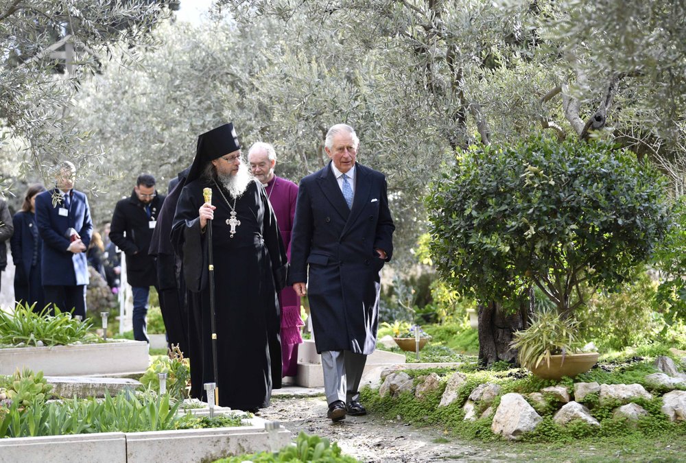Prince Charles, with head of the Russian Ecclesiastical Mission Father Roman, arrives at the Church of St. Mary Magdalene, where Charles’ grandmother Princess Alice is buried, in Jerusalem, Israel in January 2020.
