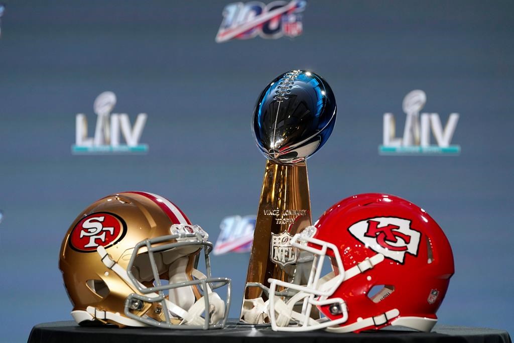 The Vince Lombardi Trophy is displayed before a news conference for the NFL Super Bowl 54 football game, in Miami, Fla., Wednesday, Jan. 29, 2020.