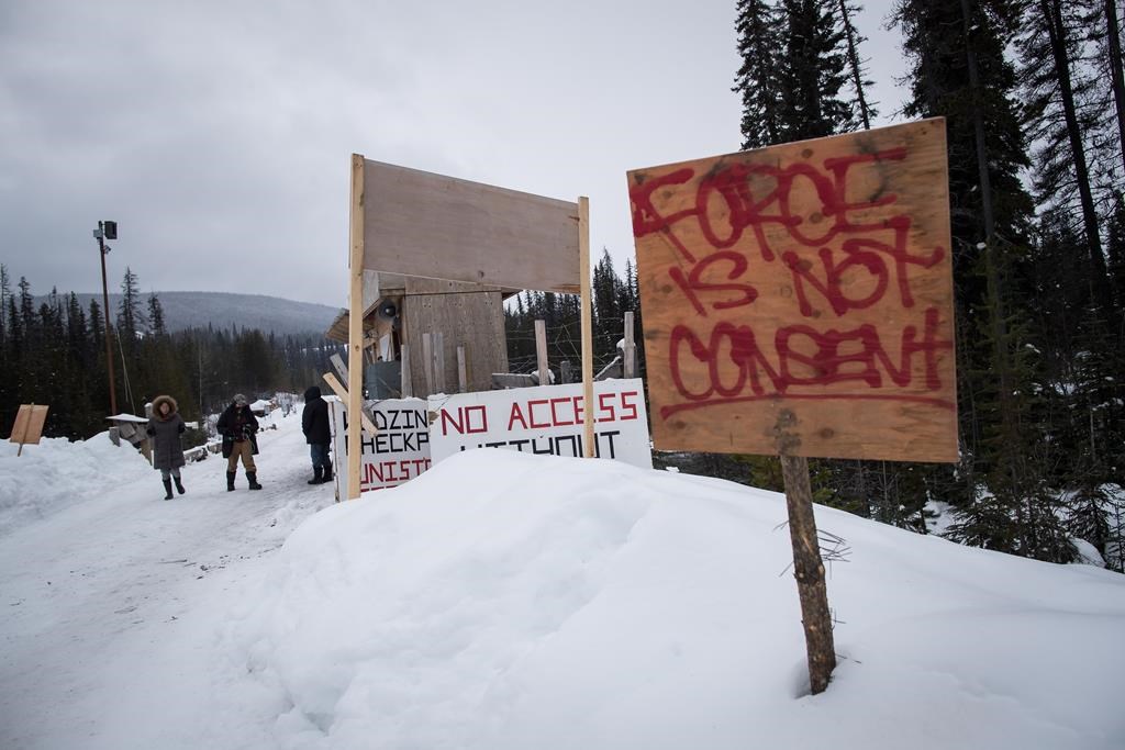 A checkpoint is seen at a bridge leading to the Unist'ot'en camp on a remote logging road near Houston, B.C., Thursday, Jan. 17, 2019. 