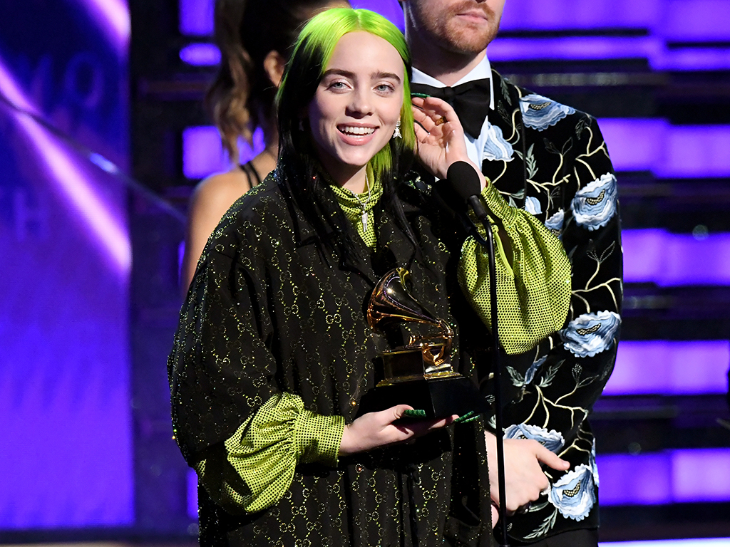 (L-R) Billie Eilish and Finneas O'Connell accept 'Album of the Year' for 'When We All Fall Asleep, Where Do We Go?' onstage during the 62nd annual Grammy Awards at Staples Center on Jan. 26, 2020 in Los Angeles.