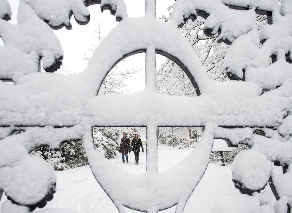Two women stroll through the Public Gardens during a snow storm in Halifax on Wednesday, Jan. 8, 2020.