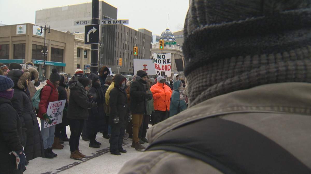 Dozens of Winnipeggers heard from a handful of speakers at the anti-war rally at Portage and Main.