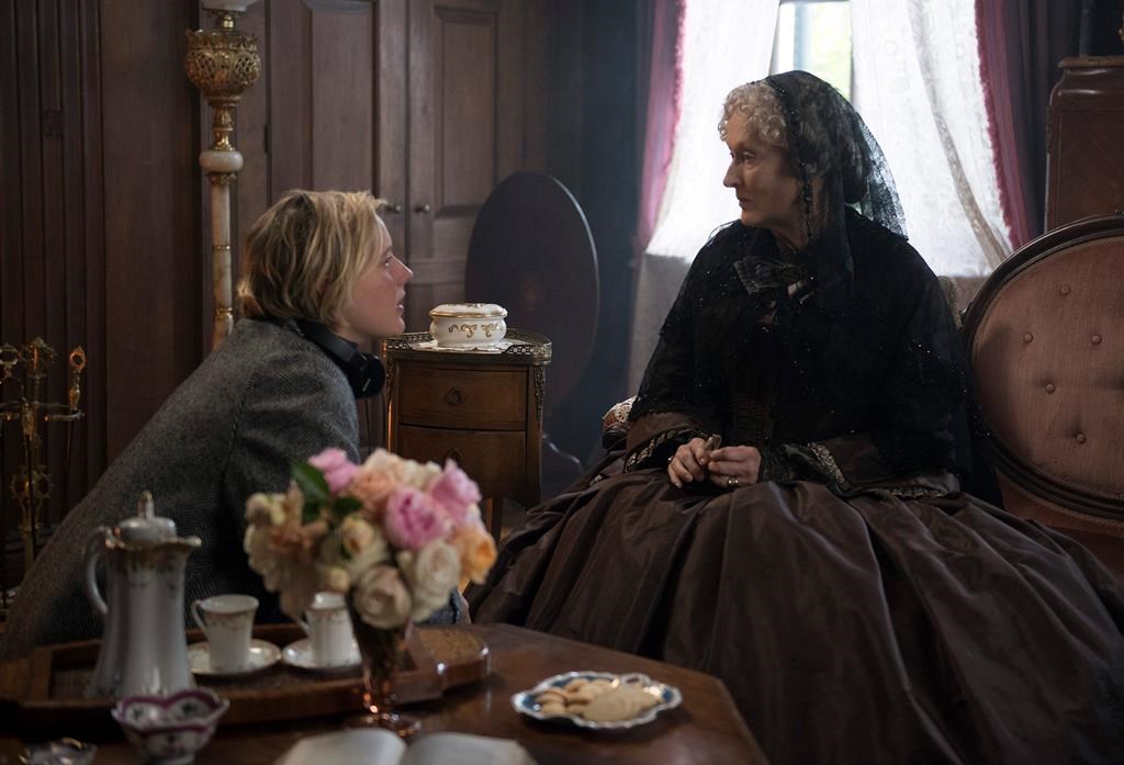 This image released by Sony Pictures shows, writer-director Greta Gerwig, left, and actress Meryl Streep on the set of “Little Women.” (Wilson Webb/Sony Pictures via AP)