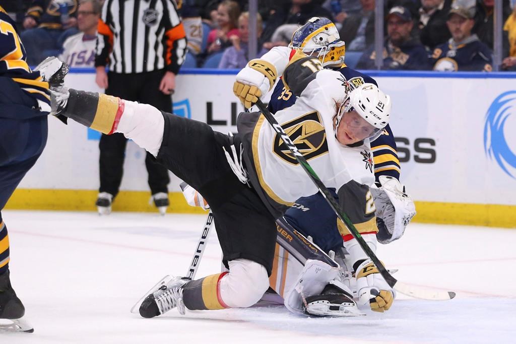 Buffalo Sabres goalie Linus Ullmark (35) brings down Vegas Golden Knights forward Cody Eakin (21) during the second period of an NHL hockey game Tuesday, Jan. 14, 2020, in Buffalo, N.Y.