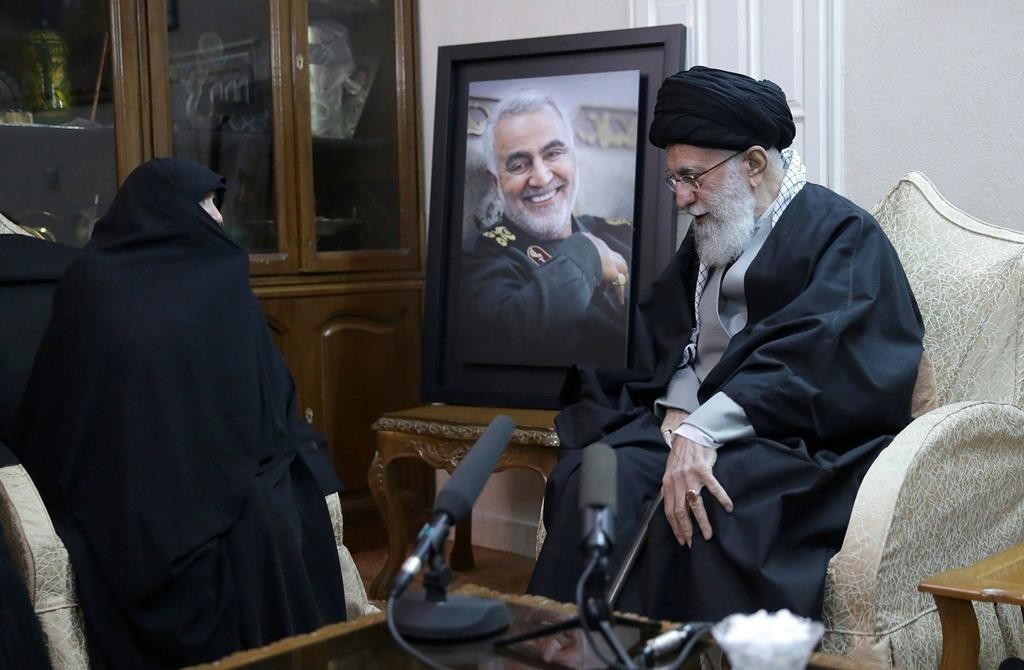 Supreme Leader Ayatollah Ali Khamenei, right, meets family of Iranian Revolutionary Guard Gen. Qassem Soleimani, who was killed in the U.S. airstrike in Iraq, at his home in Tehran, Iran, Friday, Jan. 3, 2020 in this picture released by the official website of the office of the Iranian supreme leader. (Office of the Iranian Supreme Leader via AP)