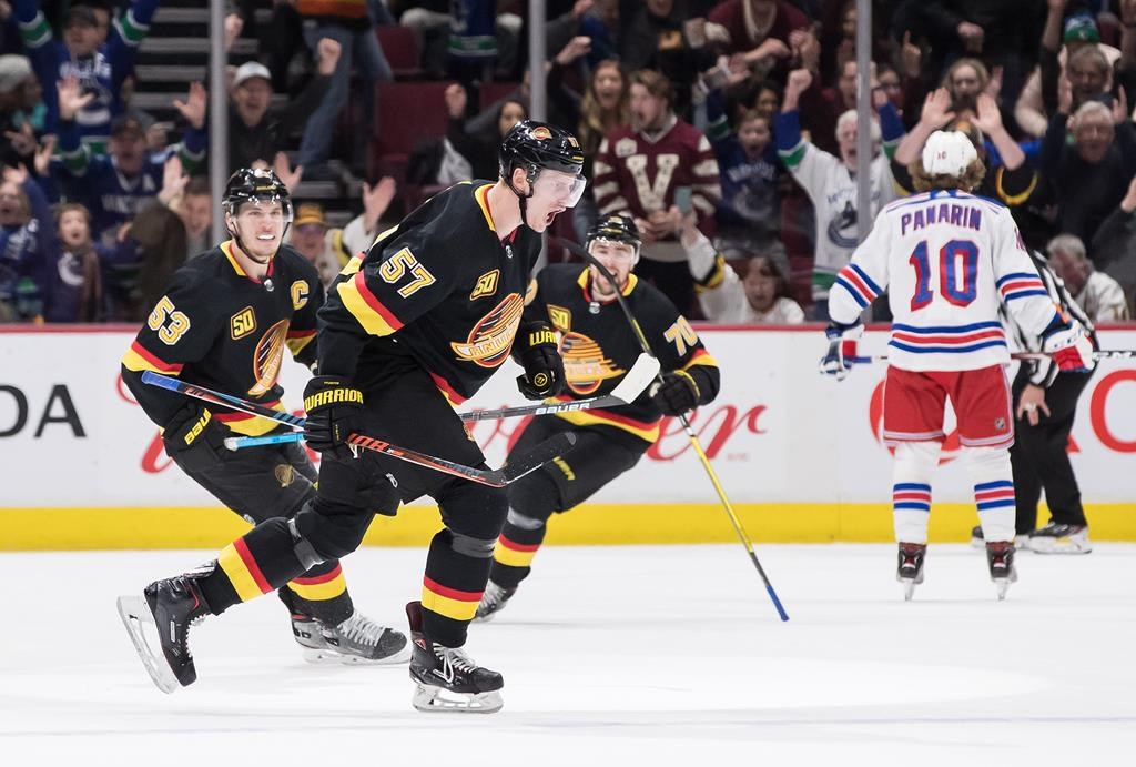 Vancouver Canucks' Tyler Myers (57) celebrates his goal with teammates Bo Horvat (53) and Tanner Pearson (70) during third period NHL hockey action against the New York Rangers, in Vancouver, Saturday, Jan. 4, 2020.