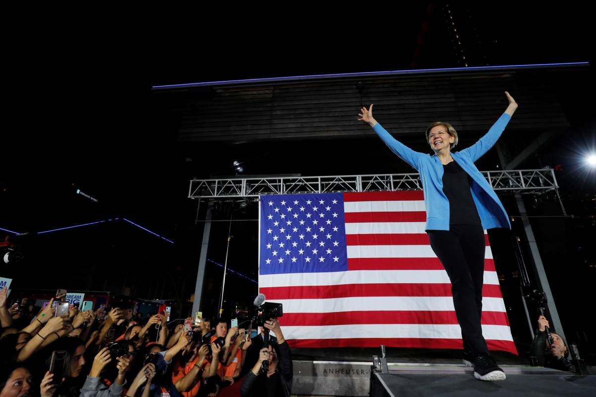 Democratic 2020 U.S. presidential candidate and U.S. Senator Elizabeth Warren (D-MA) takes the stage at a campaign GOTV town hall meeting in Houston, Texas, U.S., February 29, 2020.