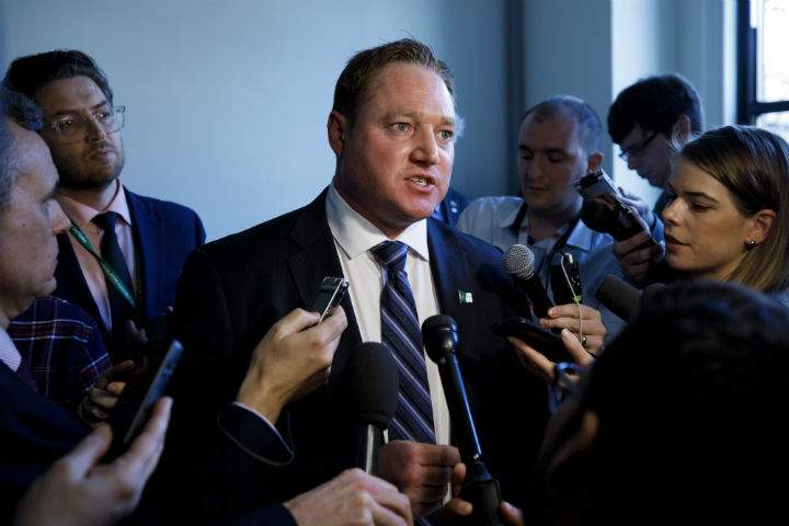 NDP MPP for Essex Taras Natyshak speaks to media following the release of the Integrity Commissioner's Report, in Toronto, Wednesday, March 20, 2019. 