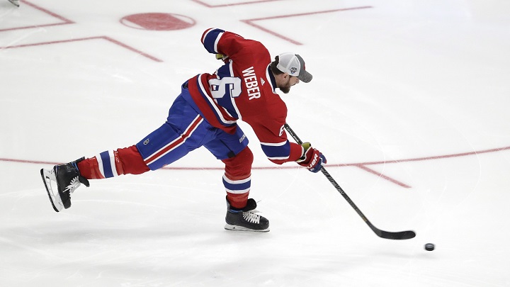 Montreal Canadiens' Shea Weber shoots during the Skills Competition hardest shot event, part of the NHL hockey All-Star weekend, Friday, Jan. 24, 2020, in St. Louis. Weber won the event. 