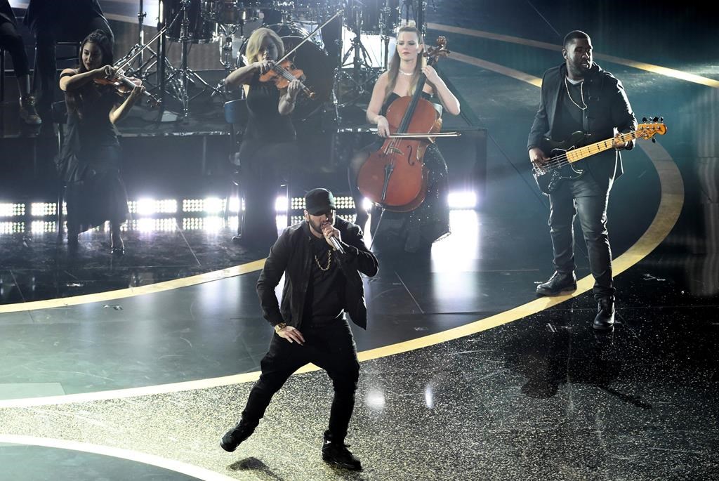 Eminem performs “Lose Yourself” at the Oscars on Sunday, Feb. 9, 2020, at the Dolby Theatre in Los Angeles. (AP Photo/Chris Pizzello)