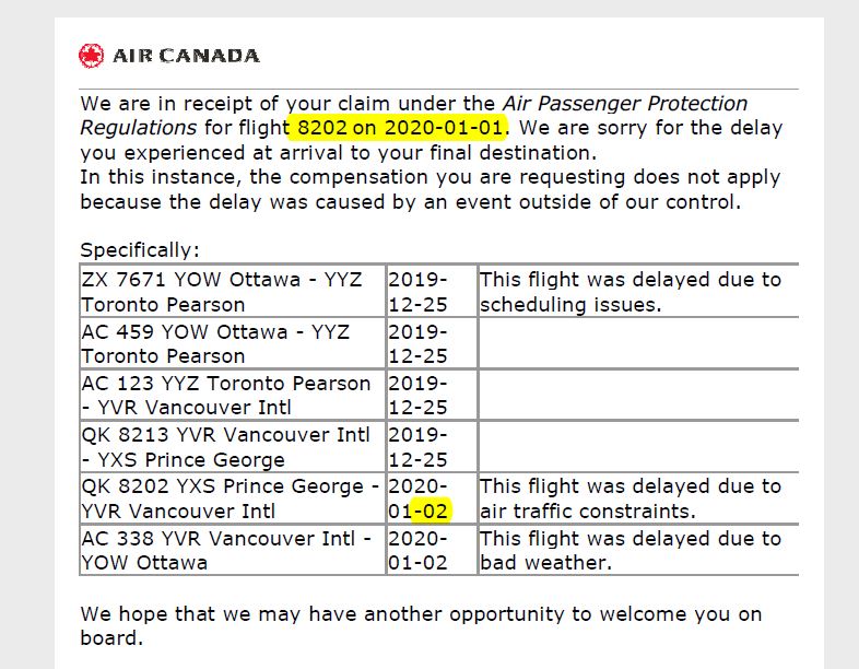 A screenshot indicating the wrong dates of Di Censo’s flight.