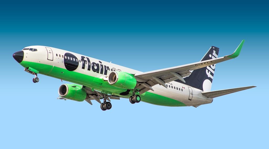 A Flair Airlines plane is seen in this undated handout photo. Flair Airlines Ltd. is offering domestic flights in Regina and Saskatoon starting in August.