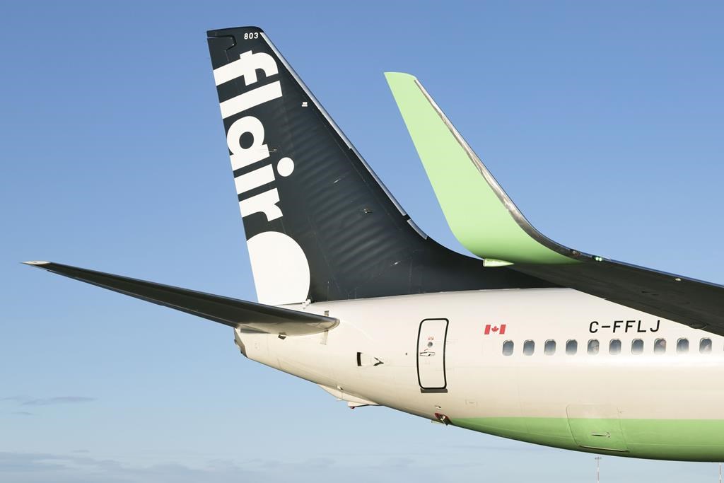 The tail section of a Flair Airlines plane is seen in this undated handout photo.