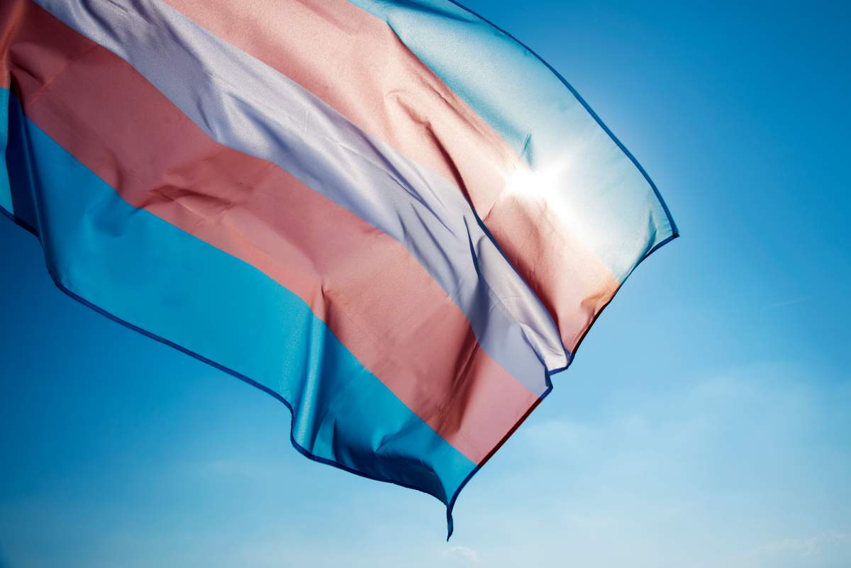 A transgender flag waves in the sky.