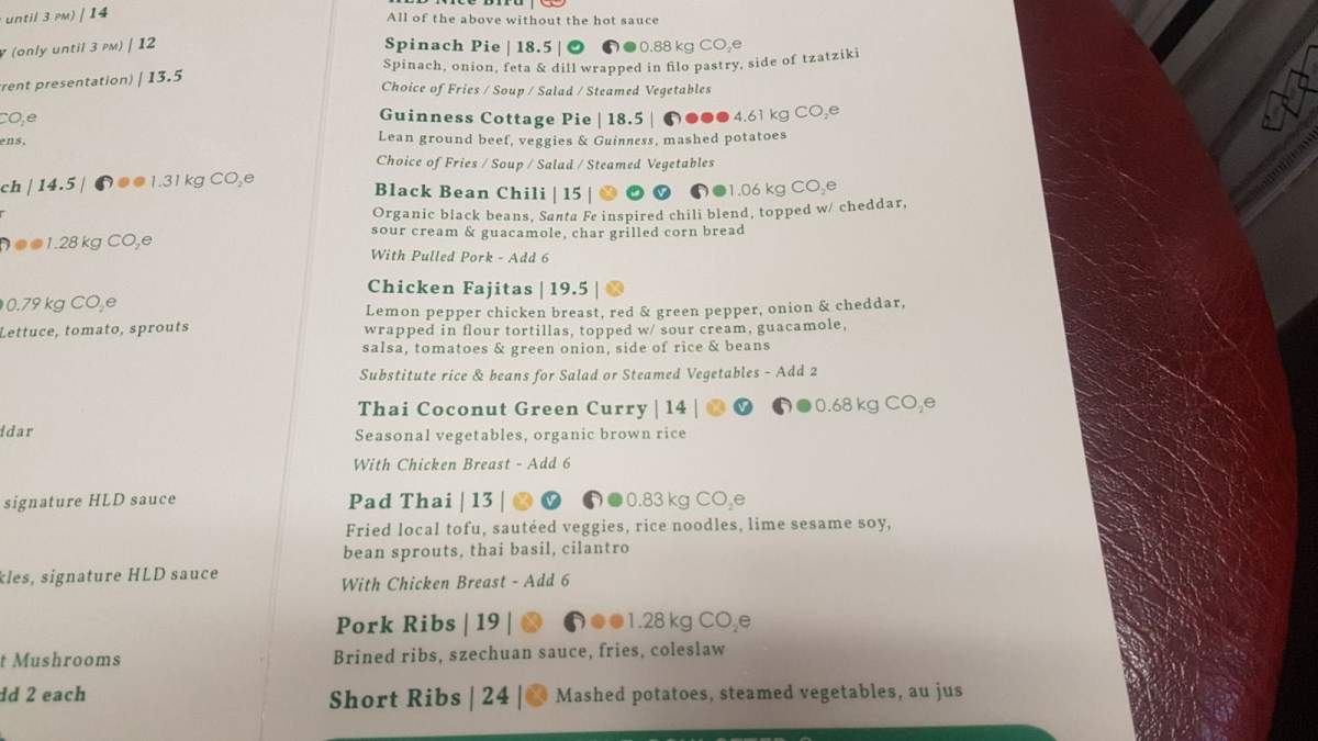 Highlevel Diner launched new menus this week that include carbon footprint information.