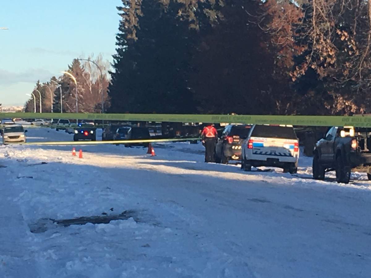 Calgary police investigate the death of a woman found in the intersection of 34 Avenue and 79 Street Northwest on Monday, Feb. 10, 2020.