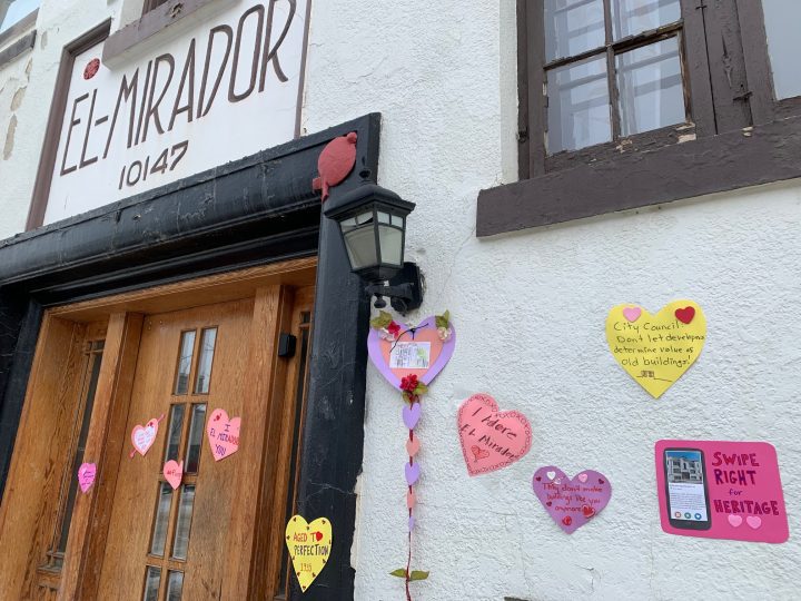 Love notes posted on the El Mirador apartment building.