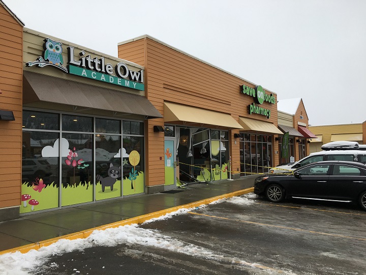 Another view of the incident involving the black Hyundai crashing into the front of a Kelowna daycare centre.
