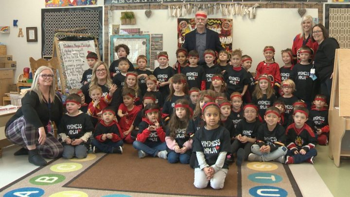 Former Calgary Flames captain Lanny McDonald visited kids at Airdrie’s Windsong Heights School on Monday, Feb. 3, 2020.
