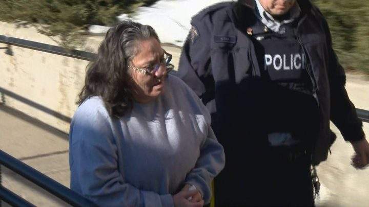 Mavis Takakenew enters Queen’s Bench Court in Battleford on Feb. 10, 2020. She is the second person to admit to her involvement in the killing of Tiki Laverdiere.