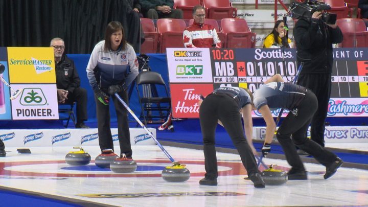 Nova Scotia skip Mary-Anne Arsenault calls line during Monday’s afternoon draw against Newfoundland.
