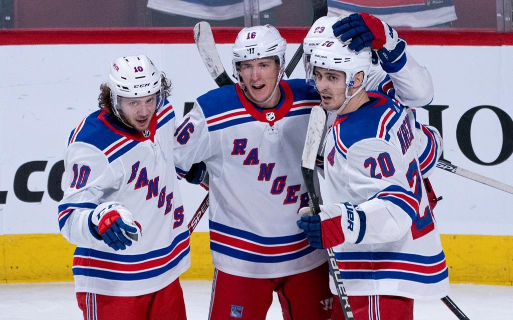 New York Rangers' Ryan Strome, centre, celebrates his goal against the Montreal Canadiens with teammates Artemi Panarin, left, and Chris Kreider during third period NHL action in Montreal on Thursday, Feb. 27, 2020.