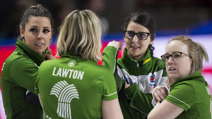 Saskatchewan team members Robyn Silvernagle, left to right, Stefanie Lawton, Jessie Hunkin and Kara Thevenot are seen during draw 1 against team New Brunswick at the Scotties Tournament of Hearts in Moose Jaw, Sask., Feb. 15, 2020 .