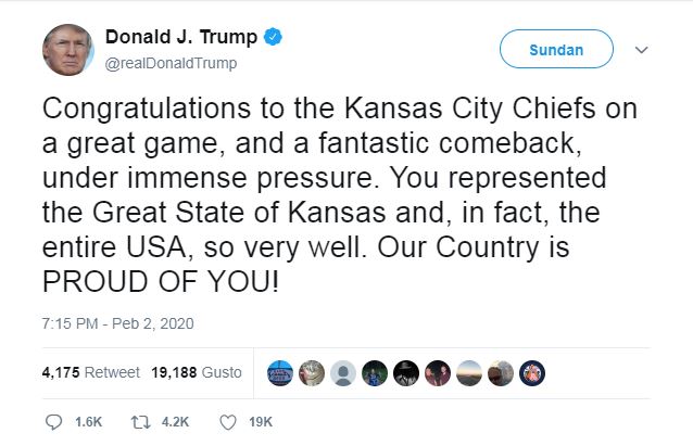 This screenshot, taken from the cached website Wayback Machine, shows U.S. President Donald Trump congratulated the Kansas City Chiefs on Sunday for their Super Bowl win by stating they were from the state of Kansas. Kansas City is located in Missouri.