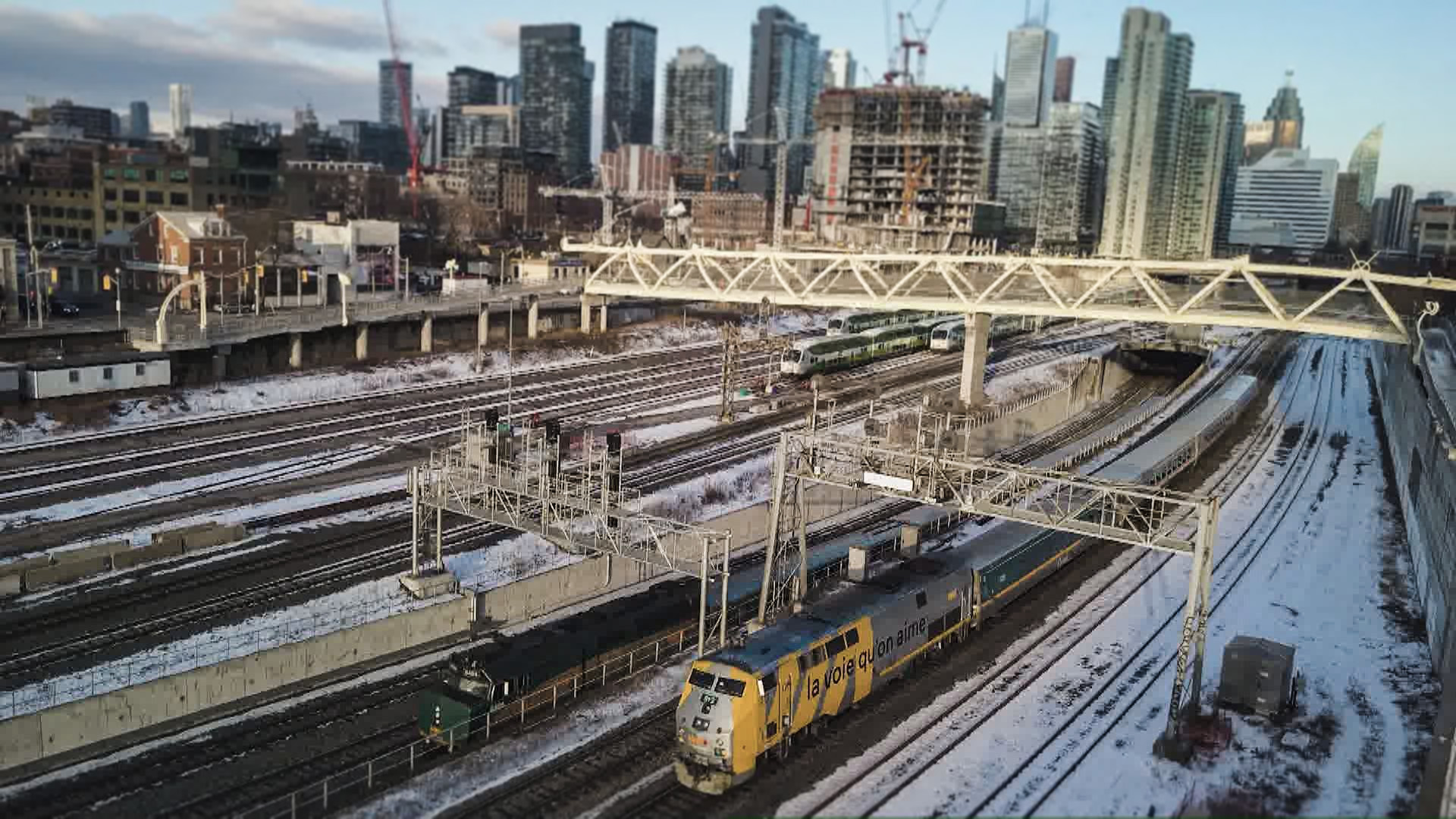Drone shot of trains near Union Station in Toronto