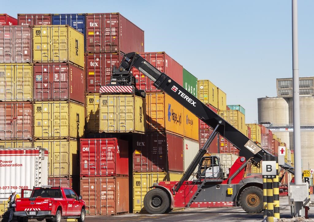 Containers are stacked at the Port of Montreal on Friday, March 1, 2019 in Montreal.