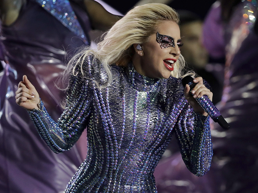 In this Feb. 5, 2017 file photo, singer Lady Gaga performs during the halftime show of the NFL Super Bowl 51 football game between the New England Patriots and the Atlanta Falcons in Houston, Texas.