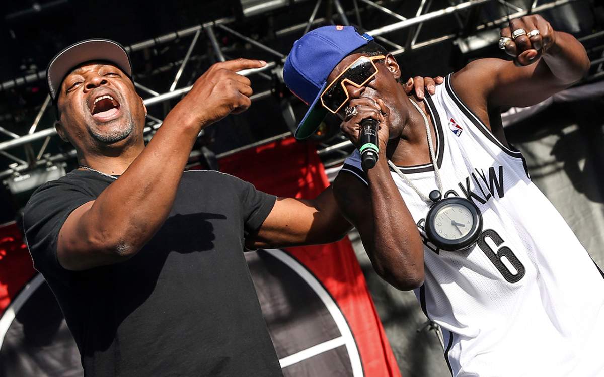 This May 29, 2015 file photo shows Chuck D, left and Flavor Flav of Public Enemy performing at the 2015 BottleRock Napa Valley Music Festival in Napa, Calif.