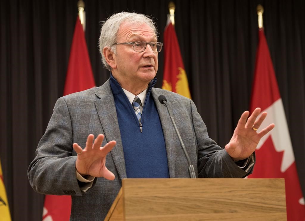 New Brunswick Premier Blaine Higgs speaks with the media in Fredericton, New Brunswick on Monday, February 17, 2020.