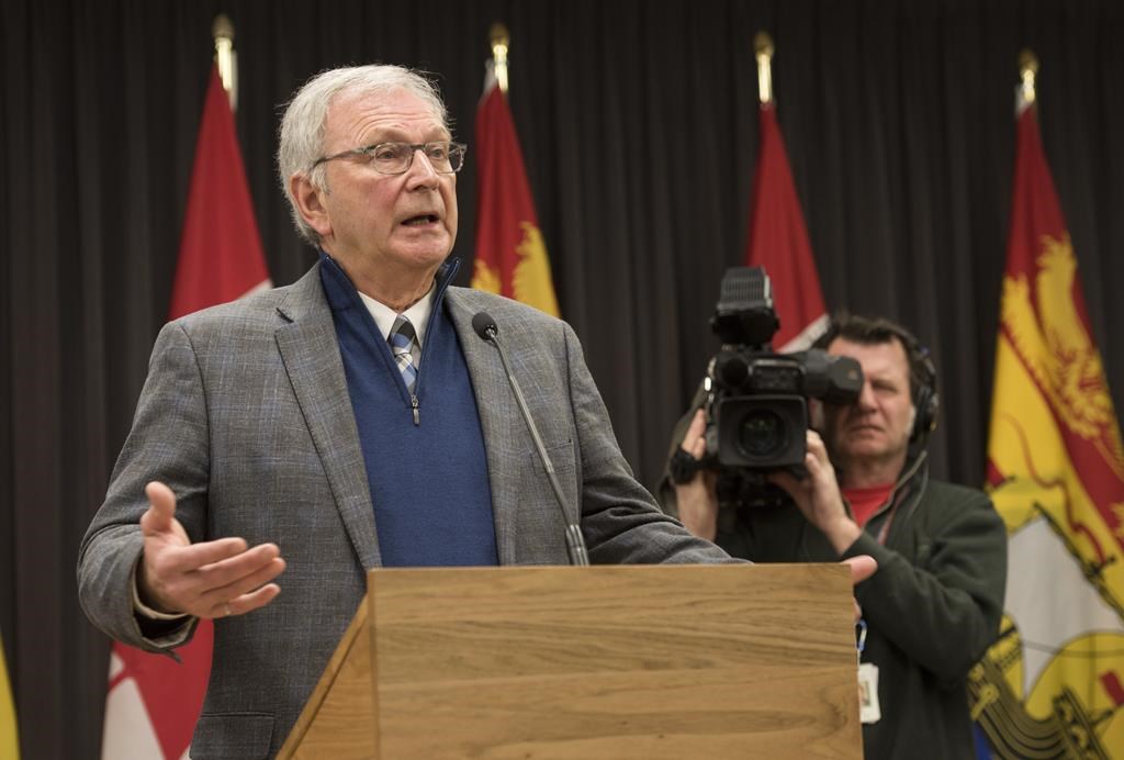 New Brunswick Premier Blaine Higgs speaks with the media in Fredericton, New Brunswick on Monday February 17, 2020. New Brunswick's minority Progressive Conservative government has survived a confidence vote on its provincial budget as members of the legislature set aside partisan differences to focus on the COVID-19 pandemic.