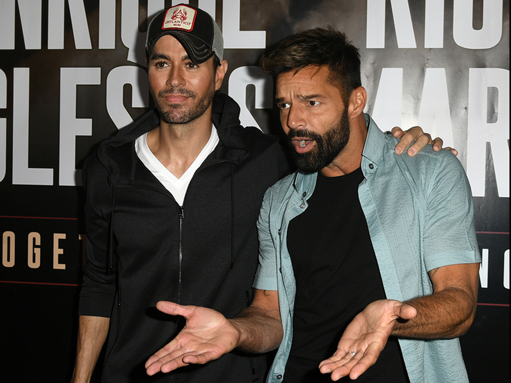 Enrique Iglesias (L) and Ricky Martin hold a press conference at Penthouse at the London West Hollywood on March 4, 2020 in Los Angeles, Calif.
