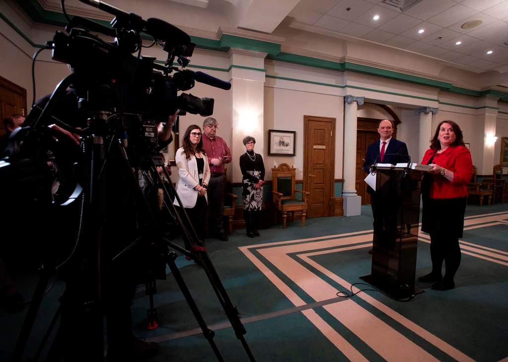 Newfoundland and Labrador Natural Resource Minister Siobhan Coady and Peter Ralph, lawyer for the provincial department of justice and public safety hold a press conference on Thursday, February 5, 2020.