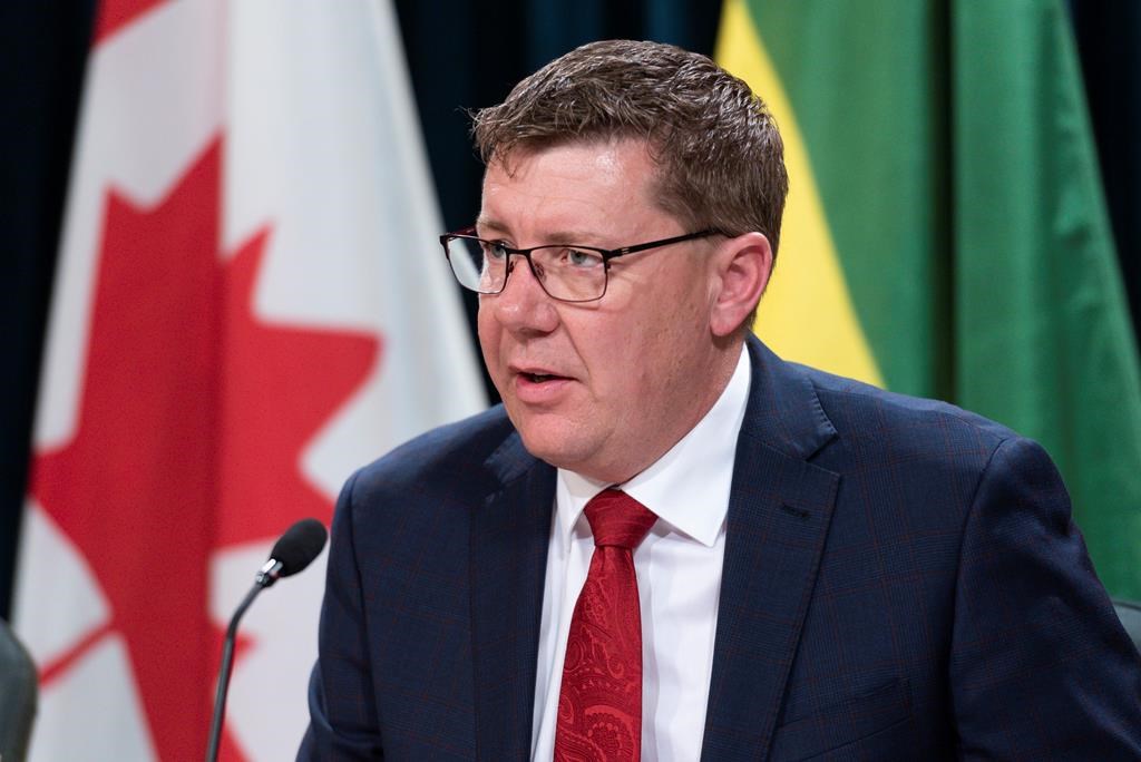 Scott Moe, premier of Saskatchewan, speaks at a COVID-19 news update at the Legislative Building in Regina on Wednesday March 18, 2020.