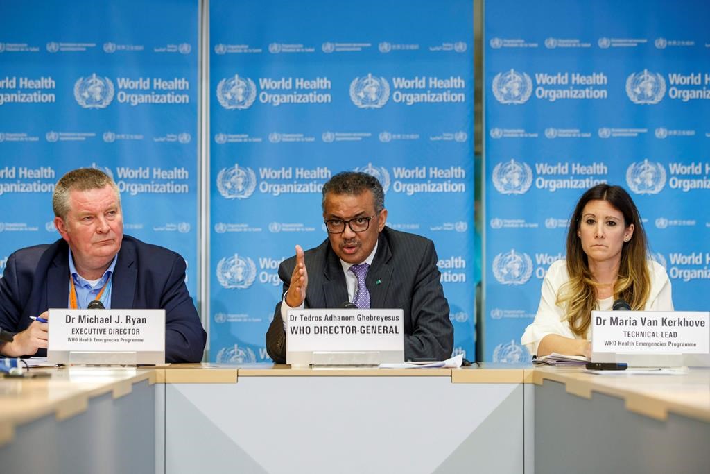 In this Monday, March 9, 2020 photo, Tedros Adhanom Ghebreyesus, director general of the World Health Organization speaks during a news conference on the novel coronavirus COVID-19, at the WHO headquarters in Geneva, Switzerland. Accompanying him are Michael Ryan, left, executive director of WHO’s Health Emergencies program, and Maria van Kerkhove, right, technical lead of WHO’s Health Emergencies program. (Salvatore Di Nolfi/Keystone via AP)