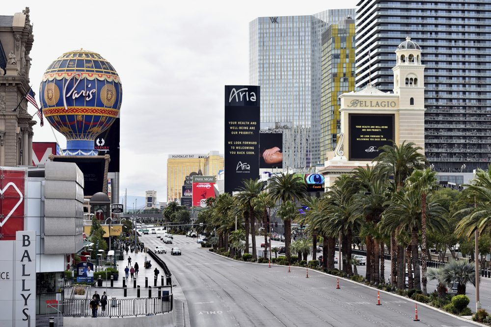 Las Vegas Boulevard is nearly empty after all casinos in the state were ordered to shut down due to the novel coronavirus, Wednesday, March 18, 2020, in Las Vegas.