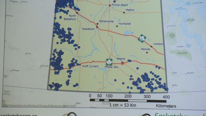 A map of the orphaned oil wells cleaned up in Saskatchewan between April 1, 2019, and Feb 29, 2020.