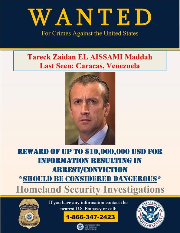This image provided by the U.S. Department of Justice shows a wanted poster for Tareck Zaidan that was released on Thursday, March 26, 2020. The U.S. Justice Department has indicted Venezuela\’s socialist leader Nicolás Maduro and several key aides on charges of narcoterrorism.