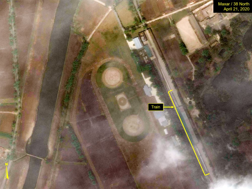 This Tuesday, April 21, 2020, satellite image provided by Maxar Technologies and annotated by 38 North, a website specializing in North Korea studies, shows the Leadership Railway Station in Wonsan, North Korea. North Korean leader Kim Jong Un’s train has been parked at the Leadership Railway Station servicing his Wonsan compound since at least April 21, the website 38 North said Saturday, April 25, citing an analysis of recent satellite photos of the area. The website said that the approximately 250-meter (820-foot) -long train wasn’t present on April 15 but was present on both April 21 and 23.