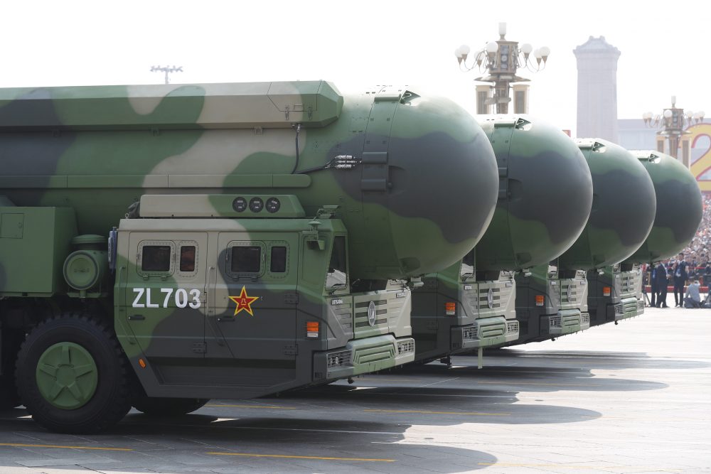Military vehicles carrying the DF-41 intercontinental nuclear missile roll past Tiananmen Square during a military parade marking the 70th anniversary of the founding of the People's Republic of China, in Beijing, China, on Oct. 1, 2019.